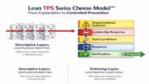 Lean TPS Swiss Cheese Model showing shift from descriptive layers that allow failure to pass to enforcing layers that stop continuation through organizational systems, leadership response, task conditions, response, and verification