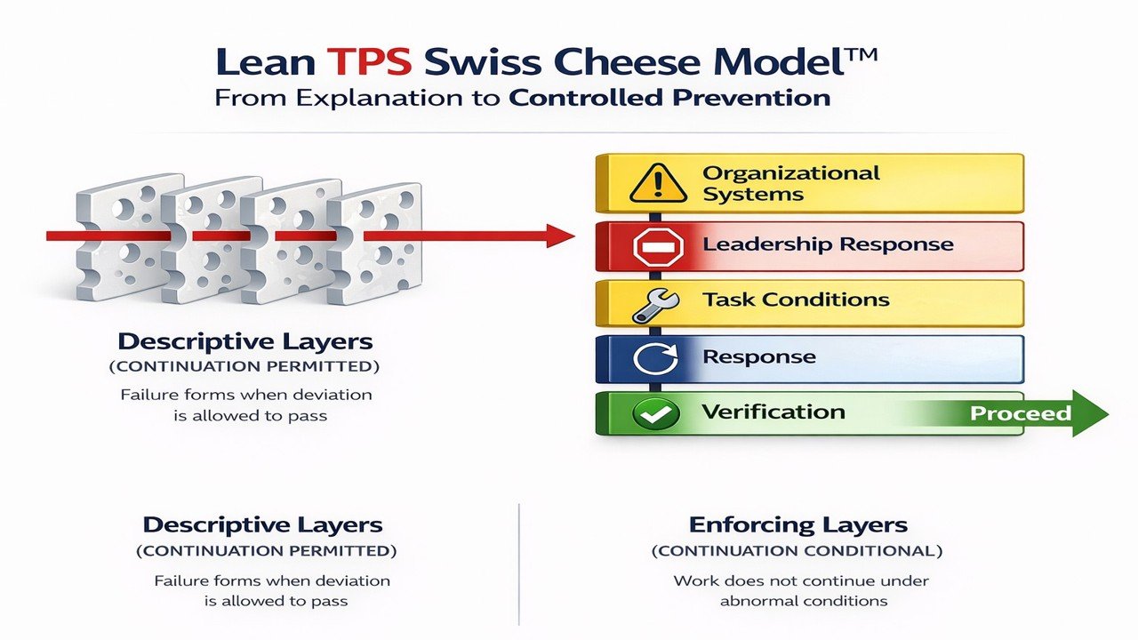 Lean TPS Swiss Cheese Model showing shift from descriptive layers that allow failure to pass to enforcing layers that stop continuation through organizational systems, leadership response, task conditions, response, and verification