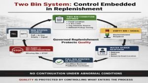 Two bin system shown as a governed replenishment control loop defining signal, response, and condition restoration to protect Quality at the point of use