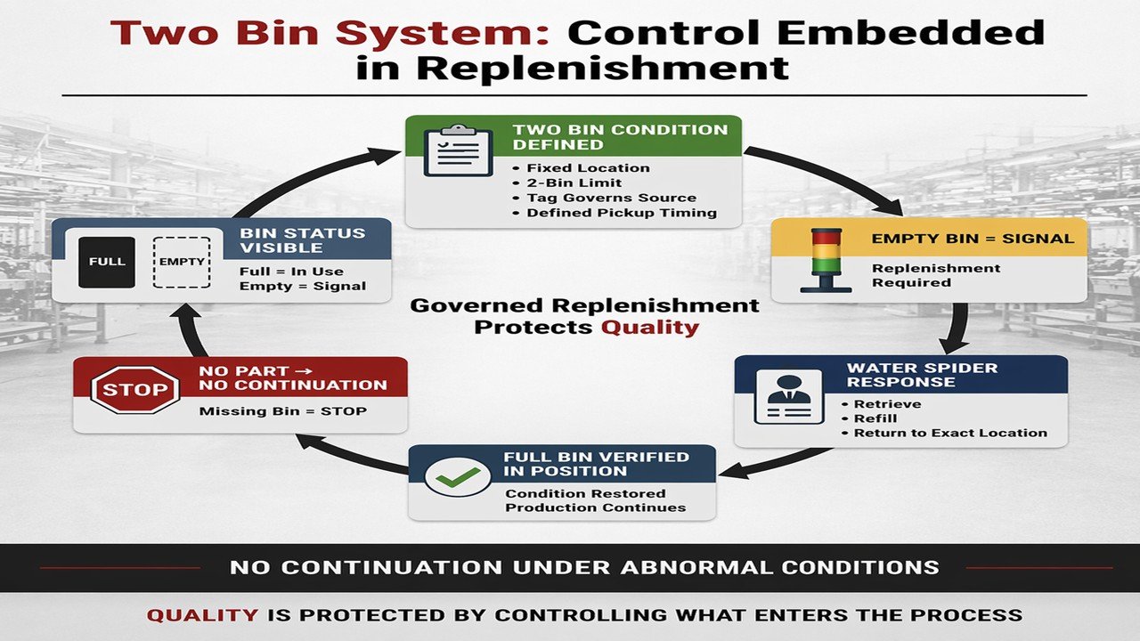 Two bin system shown as a governed replenishment control loop defining signal, response, and condition restoration to protect Quality at the point of use
