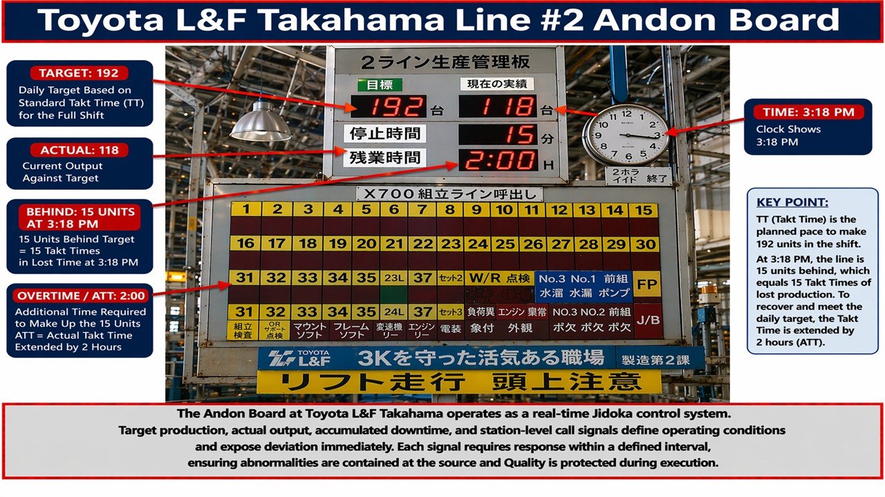 Toyota L&F Takahama Line #2 Andon Board showing target 192, actual 118, 15 units behind at 3:18, and 2 hours required to recover through adjusted takt time.