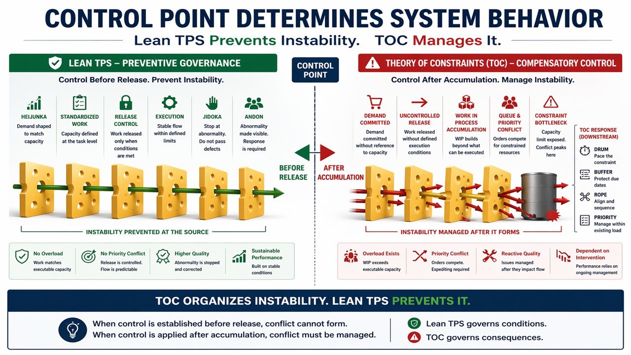 Lean TPS vs Theory of Constraints comparison showing control before release versus control after accumulation using a Swiss Cheese Model structure