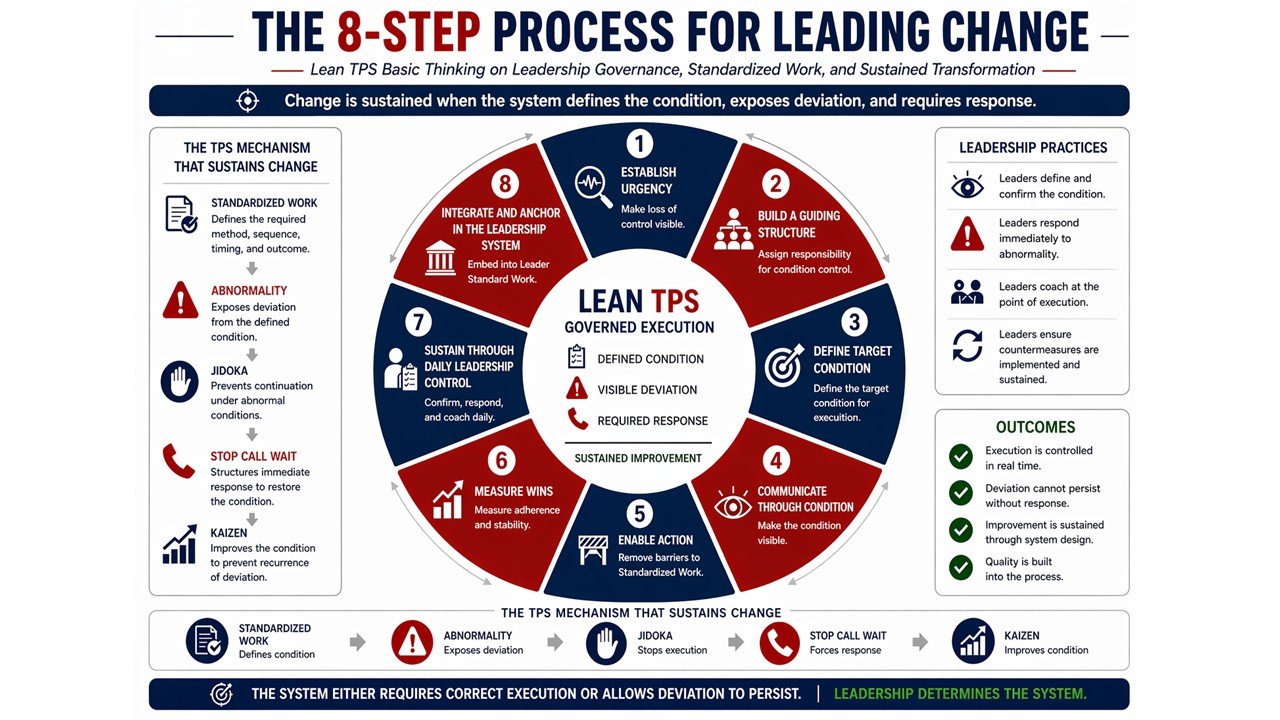 Lean TPS change governance model showing Standardized Work, abnormality, and leadership response controlling execution and Quality