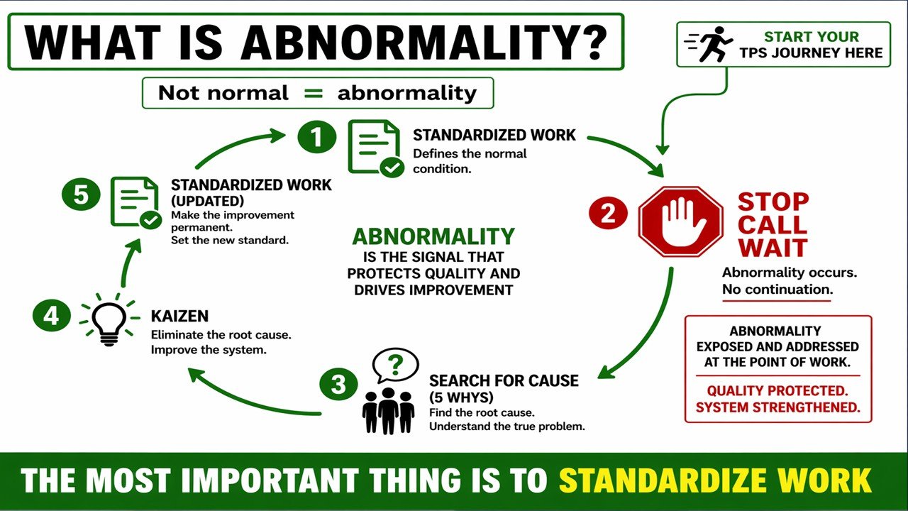 Lean TPS abnormality control cycle showing Standardized Work, Stop Call Wait, 5 Whys, Kaizen, and return to standard