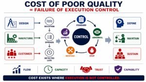 Lean TPS diagram showing Cost of Poor Quality as a failure of execution control, including design, manufacturing, customer sources, deviation flow, control loop, and prevention system