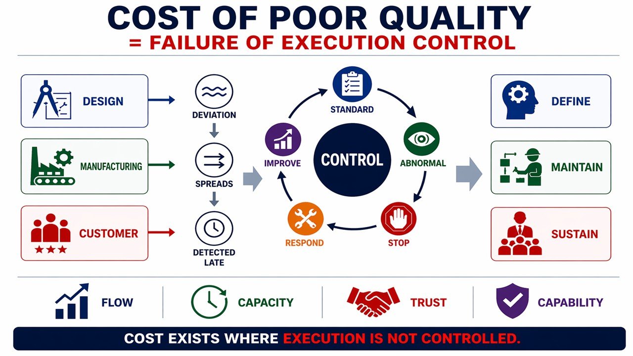 Lean TPS diagram showing Cost of Poor Quality as a failure of execution control, including design, manufacturing, customer sources, deviation flow, control loop, and prevention system