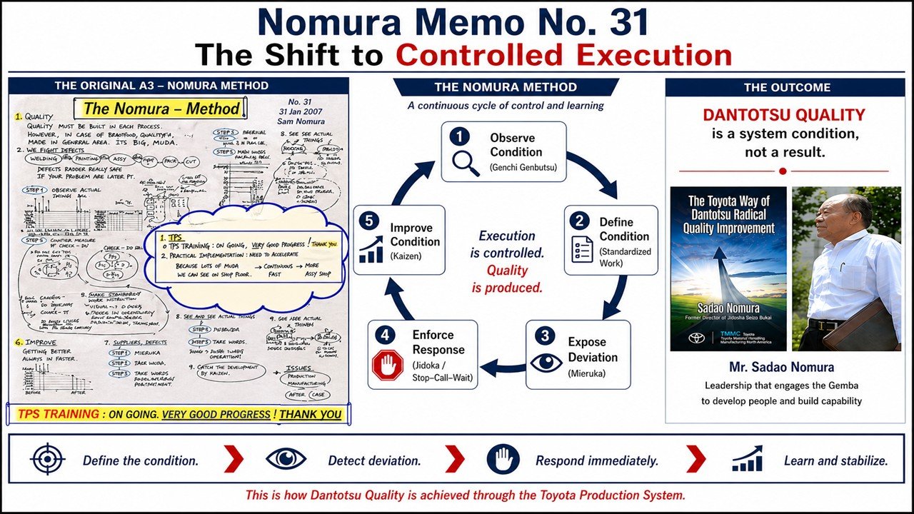 Nomura Memo No. 31 A3 showing the Nomura Method for controlled execution with Genchi Genbutsu Standardized Work Mieruka Jidoka and Kaizen producing Dantotsu Quality