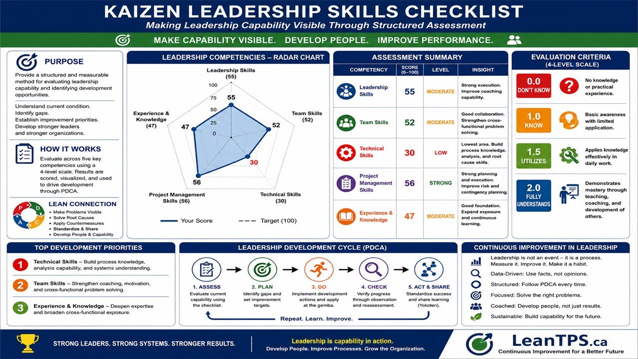 Kaizen Leadership Skills Checklist radar chart showing leadership capability assessment across five Lean TPS competency categories.