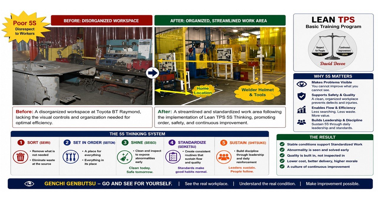 Lean TPS 5S Thinking before and after workplace comparison showing visual management, workplace organization, Standardized Work support, and improved operational stability.