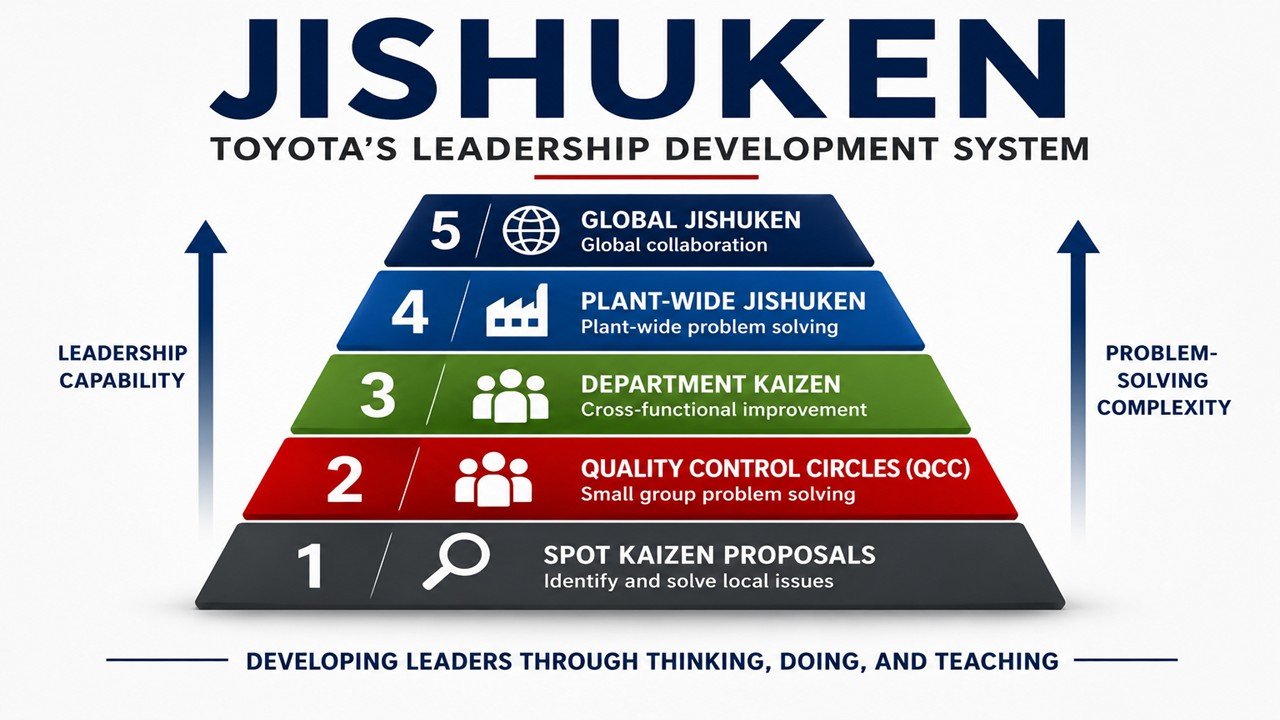 Jishuken leadership development model showing Toyota's progression from Spot Kaizen Proposals to Global Jishuken activities through increasing leadership capability and problem-solving complexity.