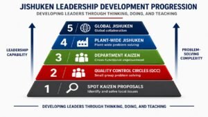 Jishuken leadership development progression model showing Toyota's five levels of leadership development from Spot Kaizen Proposals to Global Jishuken activities through increasing leadership capability and problem-solving complexity.