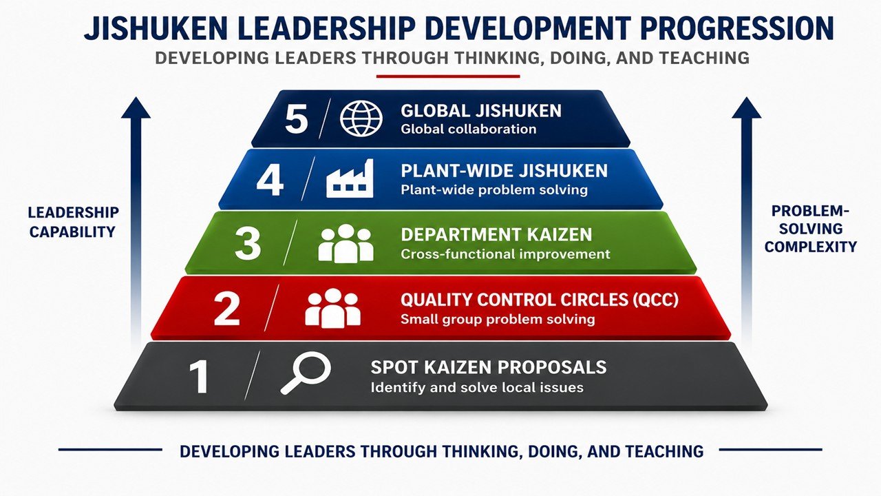 Jishuken leadership development progression model showing Toyota's five levels of leadership development from Spot Kaizen Proposals to Global Jishuken activities through increasing leadership capability and problem-solving complexity.