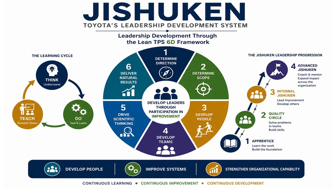 Jishuken leadership development system showing Toyota's Lean TPS 6D Framework, learning cycle, leadership progression, and organizational capability development through continuous improvement.